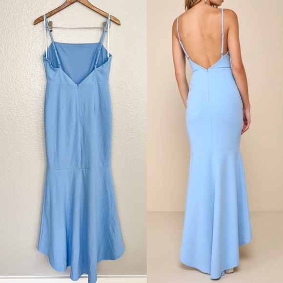 NWOT Stunning Enchantment Light Blue Backless Trumpet Hem Maxi Dress - Picture 3 of 10